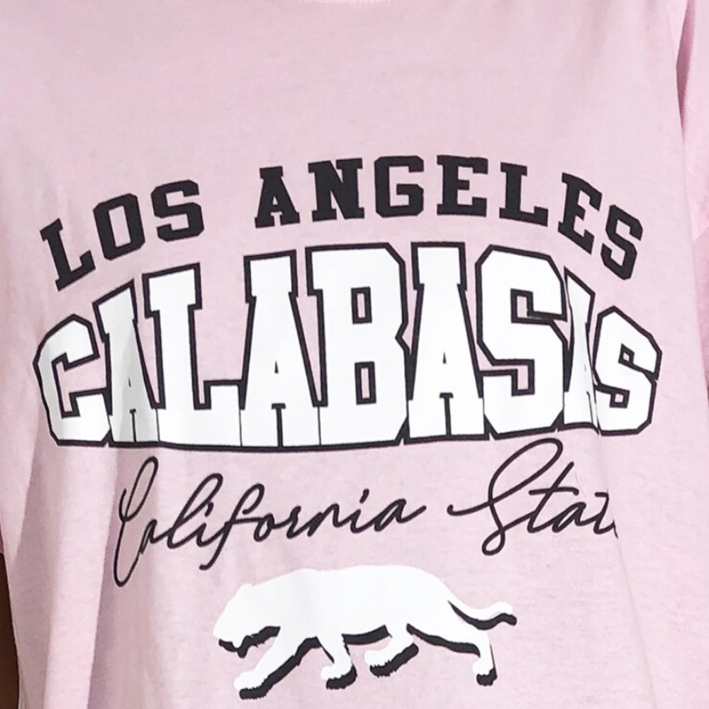 PrettyLittleThing Los Angeles Calabasas Baby Pink Oversized Tee, Size Large